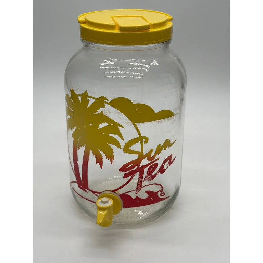 Vintage Sun Tea Glass Beverage Dispenser Palm Tree Tropical Retro 1 Gallon Jar